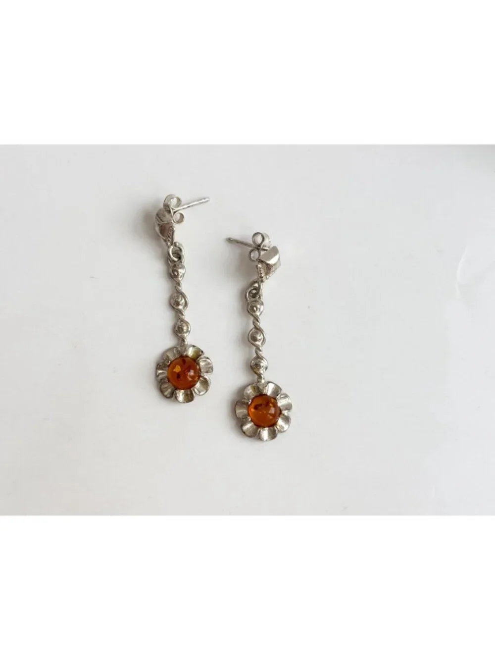 Baltic Amber Sunflower Shaped Spiral Vintage Sterling Silver 925 Dangle Earrings